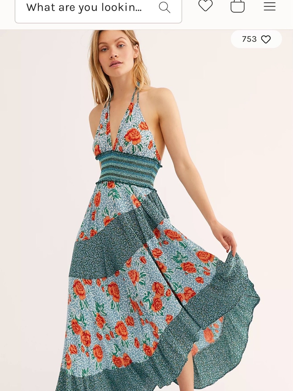 Free People Blue Halter Maxi Dress with Orange Rose Print